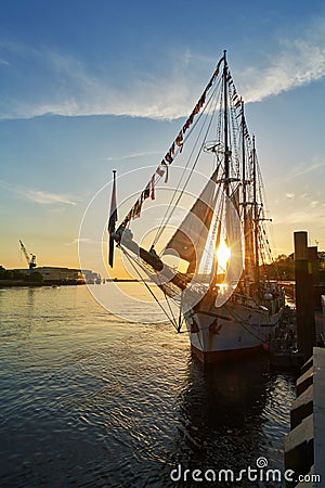 Scenic sunset behind the tall sail ship GroÃŸherzogin Elisabeth Editorial Stock Photo